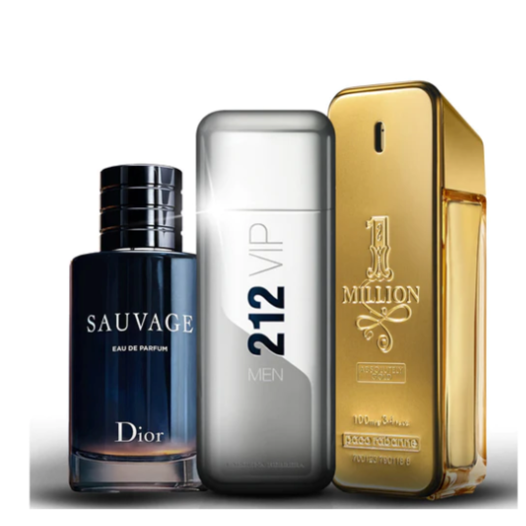 KIT LEGÍTIMO [PAGUE1LEVE3] - Kit 3 Perfumes Importados Masculino - 1 Million Paco , Sauvage Dior e 212 VIP Men Herrera (100ml cada)