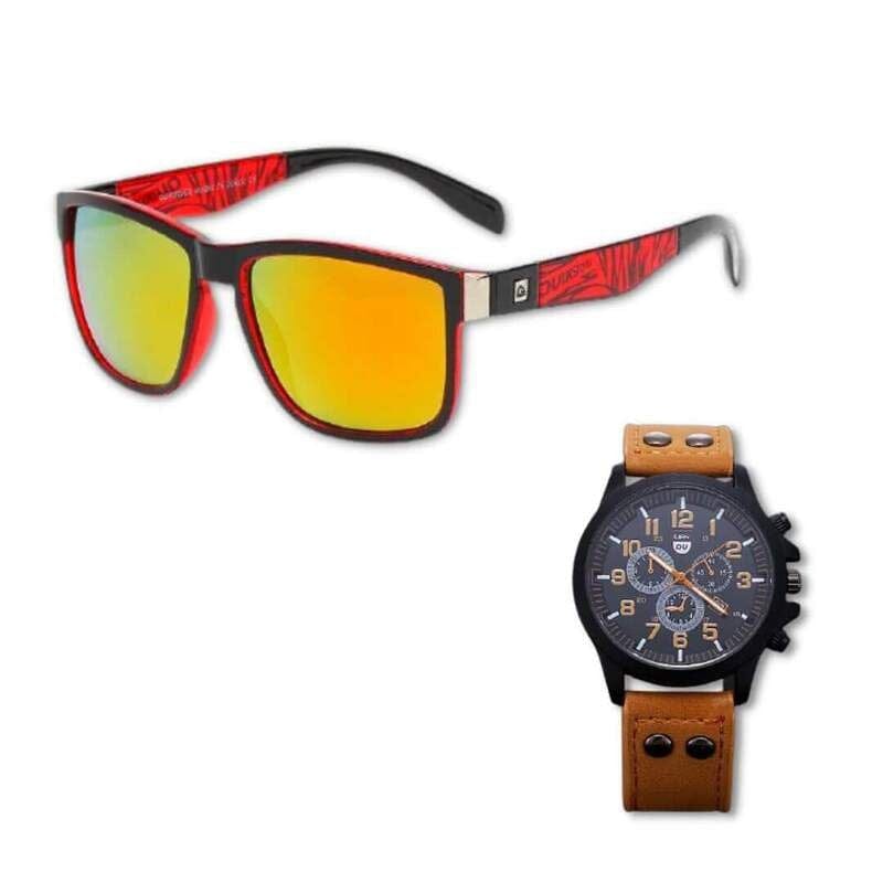 Óculos Quiksilver + Relogio Quartz Pulseira De Couro 0 FashionShope Vermelho 