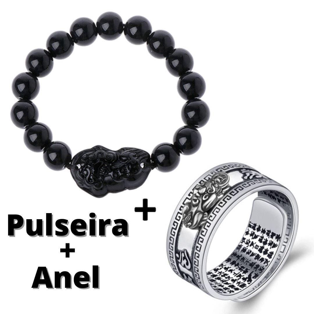 🔥OFERTA RELAMPAGO🔥 KIT Pulseira + Anel Feng Shui Pi Xiu - Prosperidade FashionShope Kit 2 Anel + Pulseira Preto 