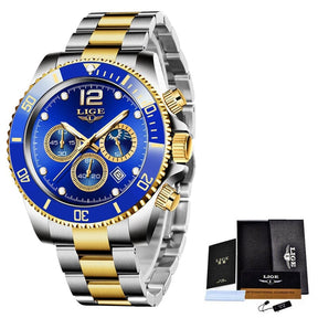 Relógio Casual Masculino LIGE Premium - A prova D`àgua Relógio Masculino - 34 FashionShope DOURADO/AZUL 